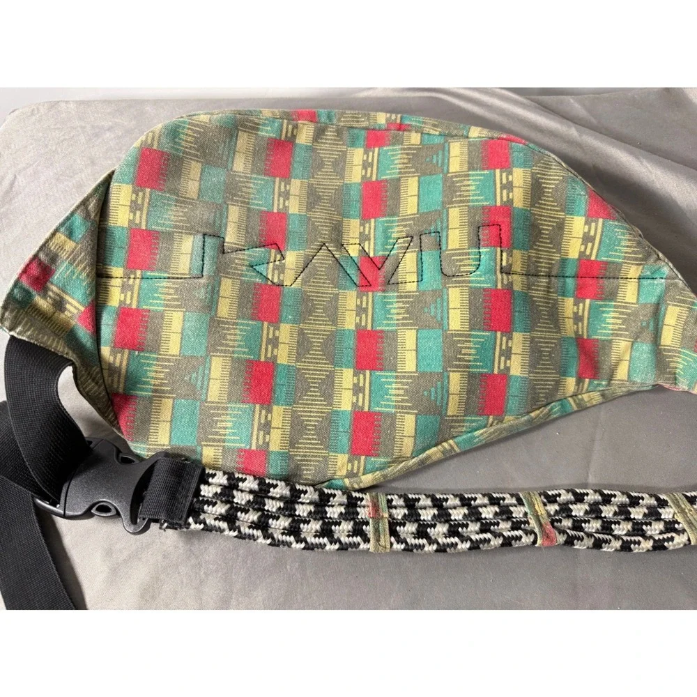 KAVU Rope Bag Canvas Sling Backpack Geometric Tribal Print Green Red Yellow